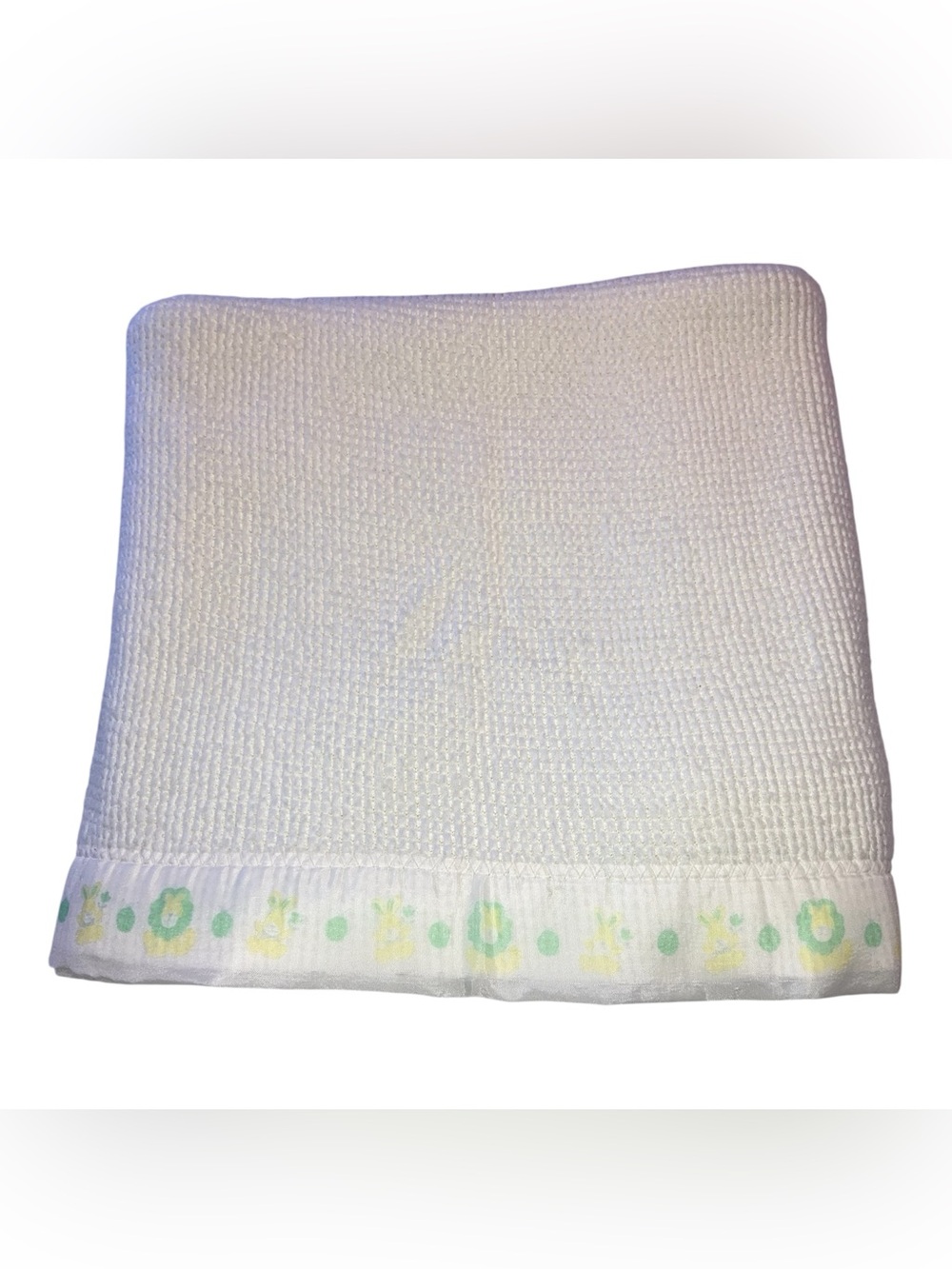 VTG Curity Baby Blanket White Waffle Thermal Weave Lion Bunny Nylon Trim 35 x 45